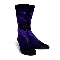Hawaiian Map Heart Hula Girl Hibiscus Purple Polynesian Crew Socks - AH - Polynesian Pride