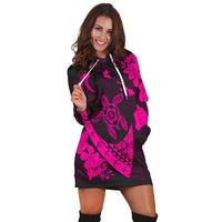 Hawaiian Map Hibiscus Turtle Fish Hook Polynesian Hoodie Dress Pink - AH - Polynesian Pride