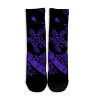 Hawaiian Map Hibiscus Turtle Fish Hook Polynesian Crew Socks Purple - AH - Polynesian Pride