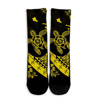 Hawaiian Map Hibiscus Turtle Fish Hook Polynesian Crew Socks Yellow - AH - Polynesian Pride