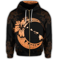 Hawaiian Map Hibiscus Turtle Polynesian Moon Zip Hoodie Orange - Polynesian Pride