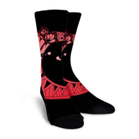 Hawaiian Map Hibiscus Turtle Polynesian Moon Crew Socks Red - AH - Polynesian Pride