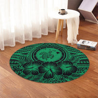 Hawaiian Map Honu Hibiscus Tropic Green Polynesian Round Carpet - AH - Polynesian Pride