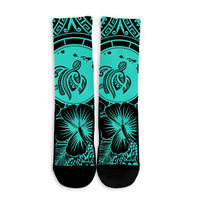 Hawaiian Map Honu Hibiscus Tropic Turquoise Polynesian Crew Socks - AH - Polynesian Pride