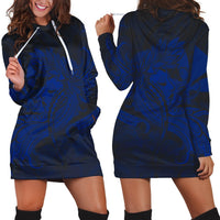 Hawaiian Map Hula Girl Hibiscus Kanaka Polynesian Hoodie Dress - Blue - AH Black - Polynesian Pride