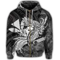 Hawaiian Map Hula Girl Hibiscus Kanaka Polynesian Zip Hoodie White - Polynesian Pride