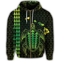 Hawaiian Map Kakau Turtle Polynesian Zip Hoodie Green - Polynesian Pride