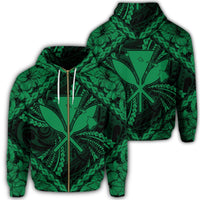 Hawaiian Map Kanaka Hibiscus Green Polynesian Zip Hoodie Unisex Art - Polynesian Pride