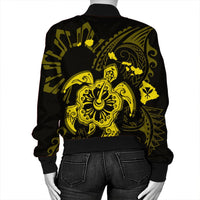 Hawaiian Map Kanaka Hibiscus Turtle Yellow Polynesian Bomber Jacket - AH - Polynesian Pride