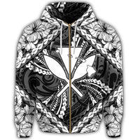 Hawaiian Map Kanaka Hibiscus White Polynesian Zip Hoodie - Polynesian Pride