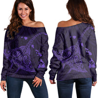 Hawaiian Map Kanaka Manta Ray Polynesian Women's Off Shoulder Sweater Purple - AH Black - Polynesian Pride