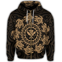 Hawaiian Map Kanaka Turtles Circle Style Gold Polynesian Zip Hoodie - Polynesian Pride
