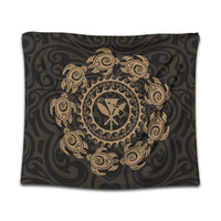 Hawaiian Map Kanaka Turtles Circle Style Gold Polynesian Tapestry - AH Wall Tapestry Black - Polynesian Pride