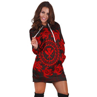 Hawaiian Map Kanaka Turtles Circle Style Red Polynesian Hoodie Dress - AH - Polynesian Pride