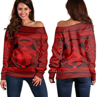 Hawaiian Map Madame Pele Kanaka Plumeria Polynesian Women's Off Shoulder Sweater Red AH Black - Polynesian Pride