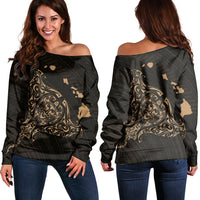 Hawaiian Map Manta Ray Gold Polynesian Women's Off Shoulder Sweater - AH Black - Polynesian Pride