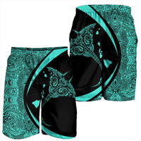 Hawaiian Map Manta Ray Polynesian Men's Shorts - Turquoise - Circle Style - AH - Polynesian Pride