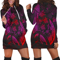 Hawaiian Map Palm Trees Fish Hook Polynesian Hoodie Dress Colorful Red - AH Black - Polynesian Pride