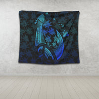 Hawaiian Map Palm Trees Fish Hook Polynesian Quilt Tapestry Colorful Blue - AH - Polynesian Pride