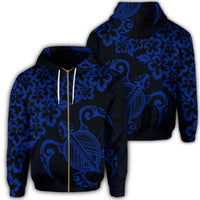 Hawaiian Map Turtle Hibiscus Kanaka Polynesian Zip Hoodie Blue Unisex Art - Polynesian Pride