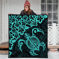Hawaiian Map Turtle Hibiscus Kanaka Polynesian Premium Quilts - Turquoise - AH - Polynesian Pride