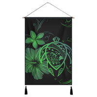 Hawaiian Map Turtle Hibiscus Plumeria Polynesian Hanging Poster - Green - AH Hanging Poster Cotton And Linen - Polynesian Pride