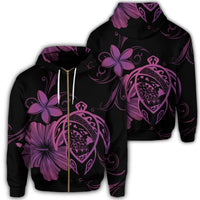 Hawaiian Map Turtle Hibiscus Plumeria Polynesian Zip Hoodie Pink Unisex Art - Polynesian Pride