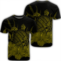 Hawaiian Map Turtle Hibiscus Polynesian T Shirt Yellow Unisex Black - Polynesian Pride