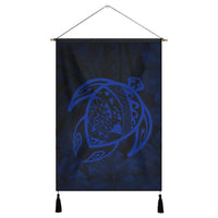 Hawaiian Map Turtle Kanaka Hibiscus Polynesian Hanging Poster - Blue - AH Hanging Poster Cotton And Linen - Polynesian Pride