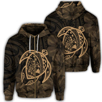 Hawaiian Map Turtle Kanaka Hibiscus Polynesian Zip Hoodie Gold Unisex Art - Polynesian Pride