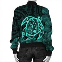 Hawaiian Map Turtle Kanaka Hibiscus Polynesian Bomber Jacket - Turquoise - AH - Polynesian Pride