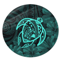 Hawaiian Map Turtle Kanaka Hibiscus Polynesian Round Carpet - Turquoise - AH Round Carpet Luxurious Plush - Polynesian Pride