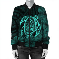 Hawaiian Map Turtle Kanaka Hibiscus Polynesian Bomber Jacket - Turquoise - AH - Polynesian Pride