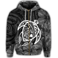 Hawaiian Map Turtle Kanaka Hibiscus Polynesian Zip Hoodie White - Polynesian Pride