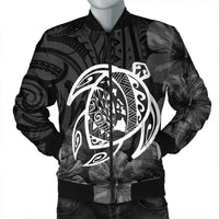 Hawaiian Map Turtle Kanaka Hibiscus Polynesian Bomber Jacket - White - AH Black Unisex - Polynesian Pride