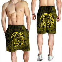 Hawaiian Map Turtle Kanaka Hibiscus Polynesian Men's Shorts - Yellow - AH - Polynesian Pride