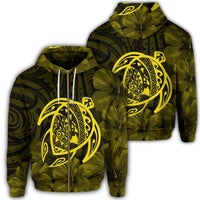 Hawaiian Map Turtle Kanaka Hibiscus Polynesian Zip Hoodie Yellow Unisex Art - Polynesian Pride