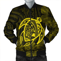 Hawaiian Map Turtle Kanaka Hibiscus Polynesian Bomber Jacket - Yellow - AH Black Unisex - Polynesian Pride