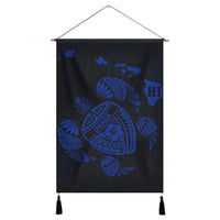 Hawaiian Map Turtle Ohana Hibicus Polynesian Hanging Poster - Blue - AH Hanging Poster Cotton And Linen - Polynesian Pride