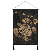 Hawaiian Map Turtle Ohana Hibicus Polynesian Hanging Poster - Gold - AH Hanging Poster Cotton And Linen - Polynesian Pride