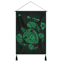 Hawaiian Map Turtle Ohana Hibicus Polynesian Hanging Poster - Green - AH Hanging Poster Cotton And Linen - Polynesian Pride
