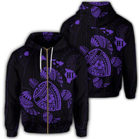 Hawaiian Map Turtle Ohana Hibicus Polynesian Zip Hoodie Purple Unisex Art - Polynesian Pride