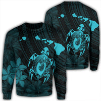 Hawaiian Map Turtle Plumeria Hibiscus Fish Hook Polynesian Sweatshirt Blue - AH Unisex Black - Polynesian Pride