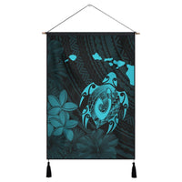 Hawaiian Map Turtle Plumeria Hibiscus Fish Hook Polynesian Hanging Poster Blue - AH Hanging Poster Cotton And Linen - Polynesian Pride