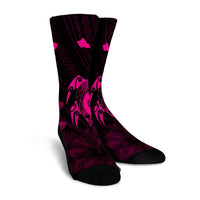 Hawaiian Map Turtle Plumeria Hibiscus Fish Hook Polynesian Crew Socks Pink - AH - Polynesian Pride