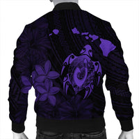 Hawaiian Map Turtle Plumeria Hibiscus Fish Hook Polynesian Bomber Jacket Purple - AH - Polynesian Pride