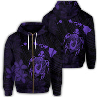 Hawaiian Map Turtle Plumeria Hibiscus Fish Hook Polynesian Zip Hoodie Purple Unisex Art - Polynesian Pride