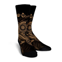 Hawaiian Map Turtle Tattoo Hibiscus Plumeria Polynesian Crew Socks - Gold - AH - Polynesian Pride