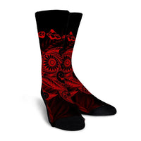 Hawaiian Map Turtle Tattoo Hibiscus Plumeria Polynesian Crew Socks - Red - AH - Polynesian Pride