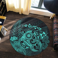Hawaiian Map Turtle Tattoo Hibiscus Plumeria Polynesian Round Carpet - Turquoise - AH - Polynesian Pride